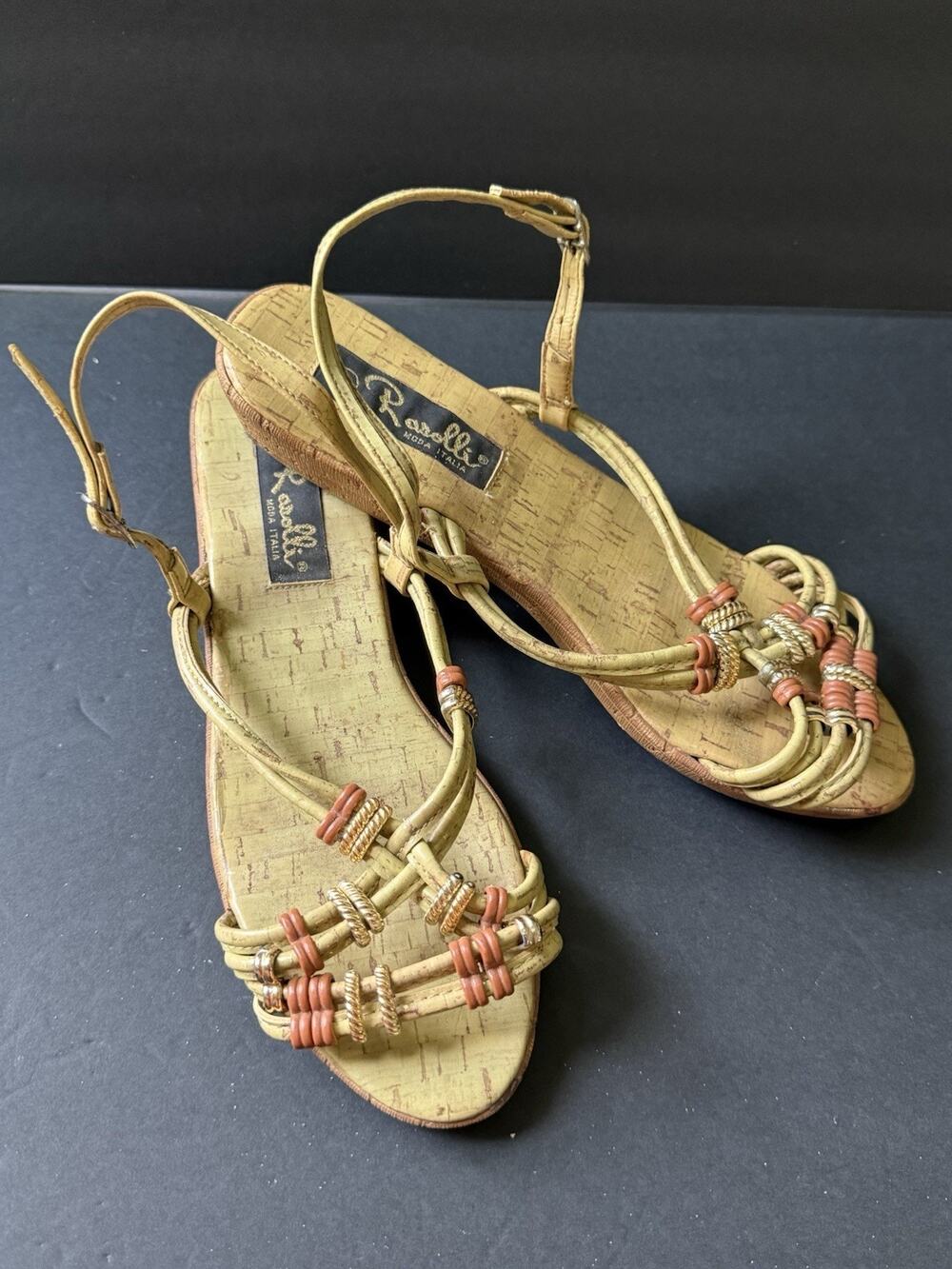 Rasolli Sandals Made In Italy Womens Size 8 Cork Wedge Beaded Beige Comfort